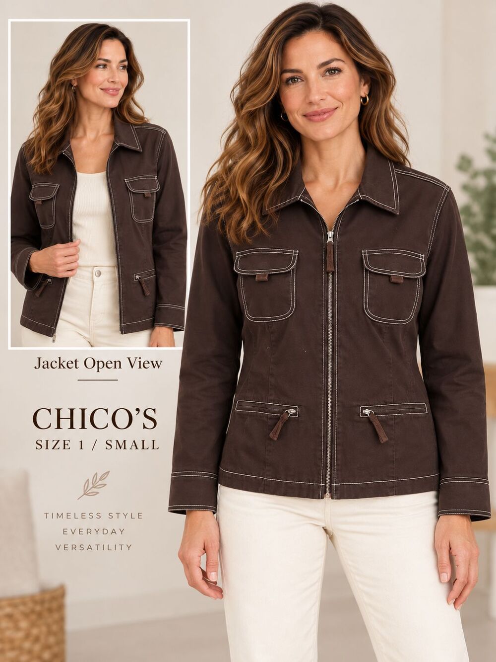 Chico’s Womens Size 1/Small Chocolate Brown Utility Jacket Contrast Stitch